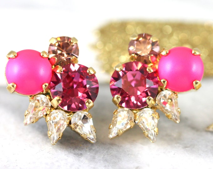 Pink Ultra Neon Earrings, Pink Swarovski Earrings, Neon Pink Earrings