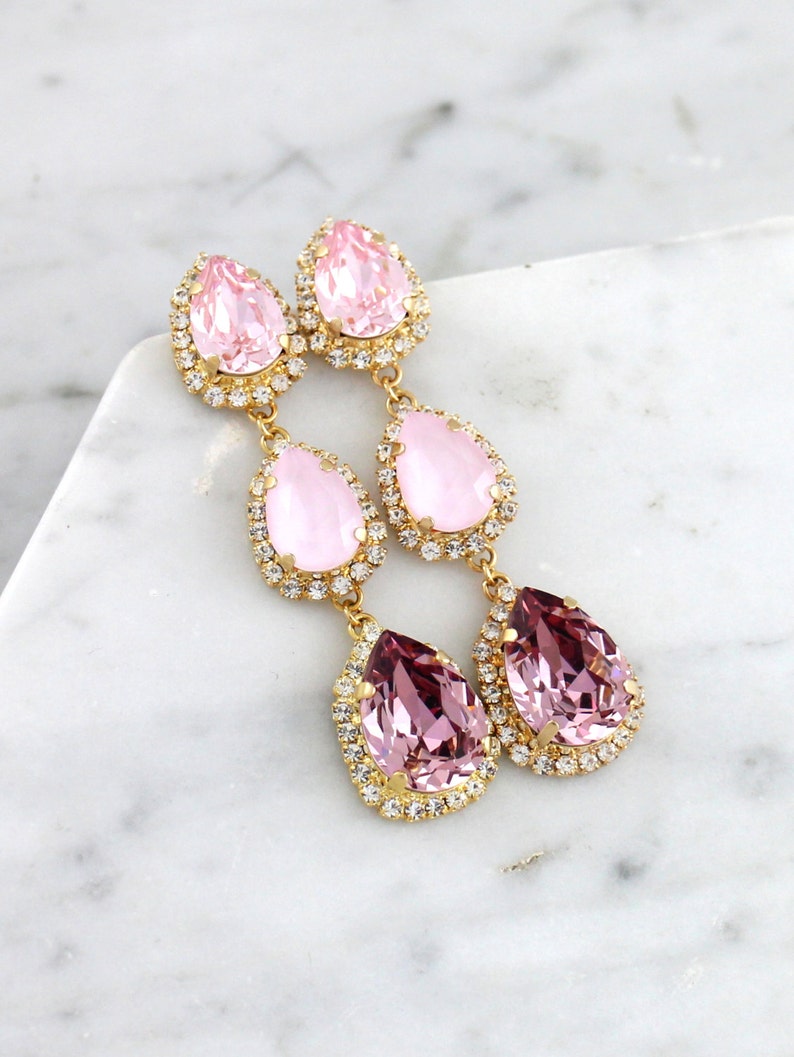 Pink Bridal Chandeliers, Blush Pink Chandelier Earrings, Pink Crystal Long Drop Earrings, Dusty Pink Earrings, Bridal Blush Earrings image 1