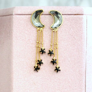 Moon Star earrings, Moon Stars Crescent Earrings, Moon Studs, Black Gold Earrings, Crystal Moon Stud Earrings, Gift For Her, Star Earrings image 3