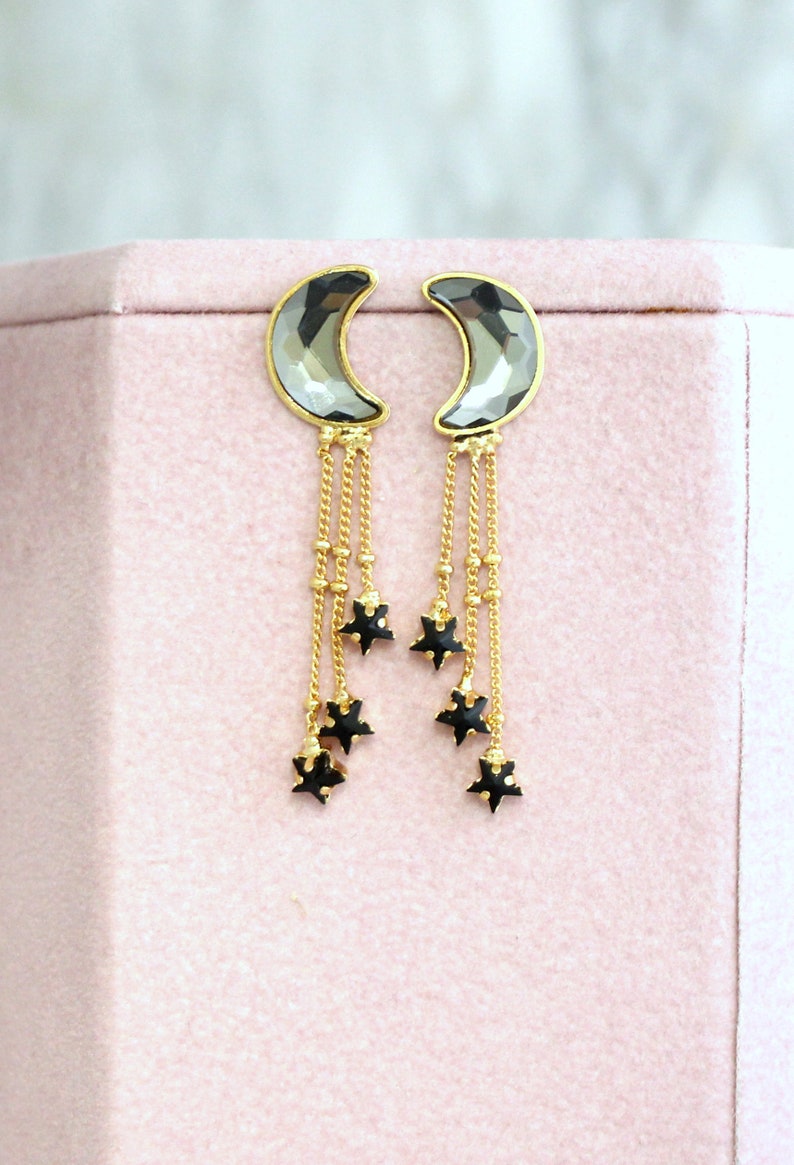 Moon Star earrings, Moon Stars Crescent Earrings, Moon Studs, Black Gold Earrings, Crystal Moon Stud Earrings, Gift For Her, Star Earrings image 3