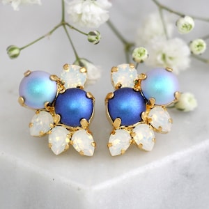Blue Earrings, Bridal Blue Pearl Earrings, Bridal Blue Royal Earrings, Blue Bridal Cluster Earrings, Pearl Earrings, Bridesmaids Earrings