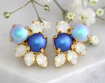 Blue Earrings, Bridal Blue Pearl Earrings, Bridal Blue Royal Earrings, Blue Bridal Cluster Earrings, Pearl Earrings, Bridesmaids Earrings