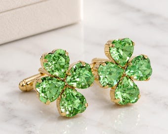 Green Clover Cufflinks, Irish Wedding Cufflinks, Four Leaf Clover Cufflinks, Good Luck shamrock Cufflinks, Emerald Crystal Groom Gift