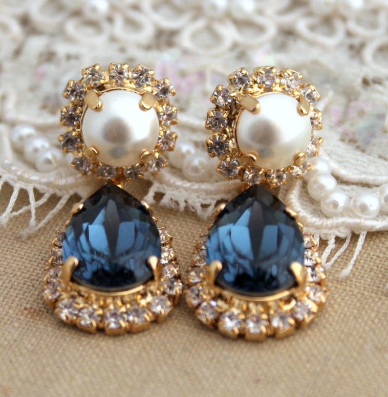 Blue Navy Drop Earrings, Navy Blue Chandelier Earrings, Dark Blue Dangle Earrings, Pearl Bridal Crystal Blue Sapphire Wedding Earrings image 3