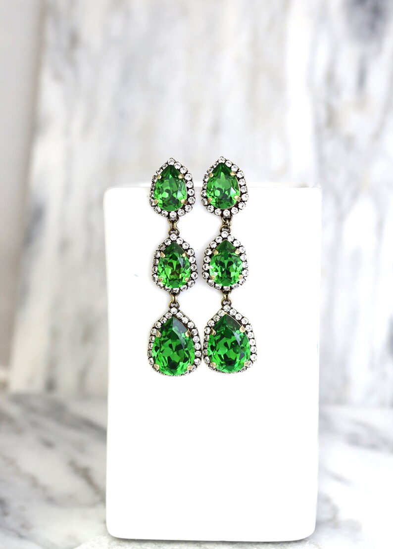 Green Long Chandelier, Bridal Green Chandelier Long Earrings, Fern Green Statement Earrings, Greenery Bridal Jewelry, Long Crystal Earrings image 3