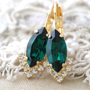 Emerald Green Drop Earrings, Bridal Emerald Earrings, Dark Green Crystal Emerald Drop Earrings, Gift For Her, Bridesmaids gifts image 1