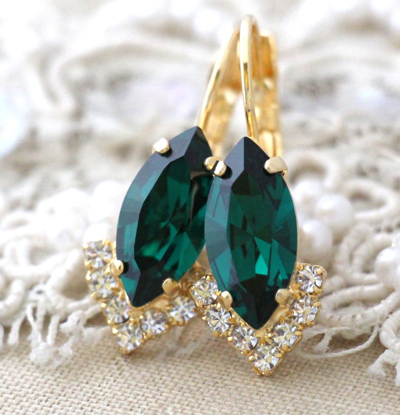 Emerald Green Drop Earrings, Bridal Emerald Earrings, Dark Green Crystal Emerald Drop Earrings, Gift For Her, Bridesmaids gifts image 1