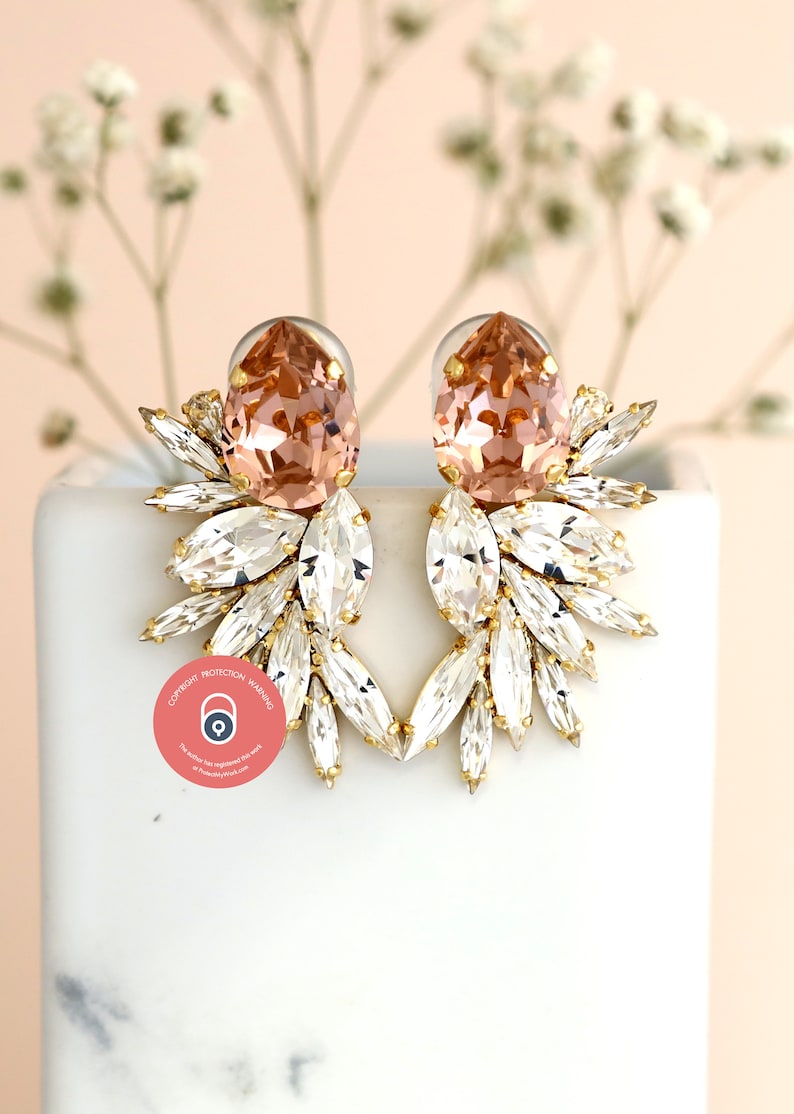 Blush Statement Earrings, Bridal Blush Earrings, Blush Bridal Earrings, Cocktail Earrings, Big Blush Earring, bridal Blush Crystal jewelry image 2