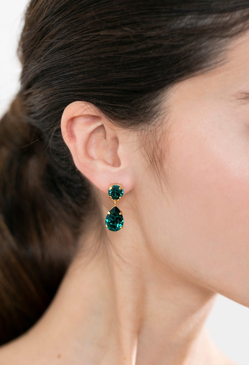 Emerald Green Bridal Classic Earrings, Bridal Emerald Chandelier Drop Earrings, Emerald Green Crystal Droplets, Bridal Classic Earrings image 2