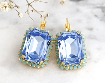Aquamarine Drop Earrings, Bridal Aqua Blue Gold Earrings, Light Blue Earrings, Octagon Crystal Light Sapphire Earrings, Bridal Earrings