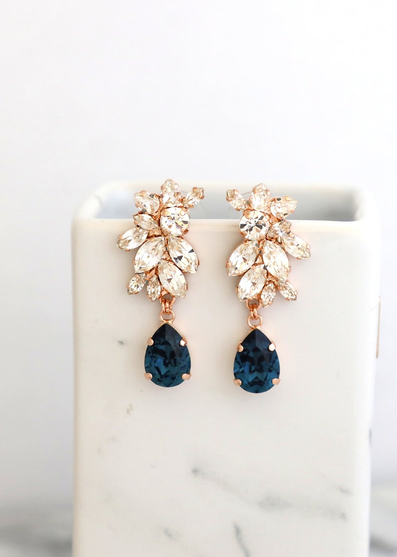 Blue Navy Bridal Earrings, Navy Blue Crystal Bridal Earrings, Dark Blue Sapphire Earrings, Blue Navy Chandelier Earrings, Blue Navy Jewelry image 4