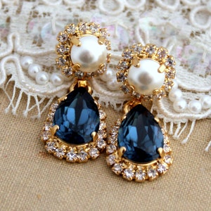 Blue Navy Drop Earrings, Navy Blue Chandelier Earrings, Dark Blue Dangle Earrings, Pearl Bridal Crystal Blue Sapphire Wedding Earrings