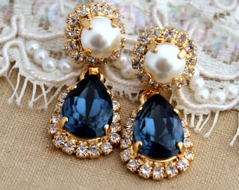 Blue Navy Drop Earrings, Navy Blue Chandelier Earrings, Dark Blue Dangle Earrings, Pearl Bridal Crystal Blue Sapphire Wedding Earrings