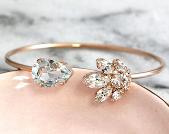 Bridal Bracelet, Bridal Cuff Bracelet, Aquamarine Rose Gold Crystal Bracelet, Aquamarine Bracelet, Bridesmaids Jewelry, Open Cuff Bracelet