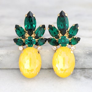 Pineapple Earrings, Pineapple stud Earrings, Pineapple Jewelry, Statement Earrings,Trending Jewelry, Yellow statement Crystal Earrings