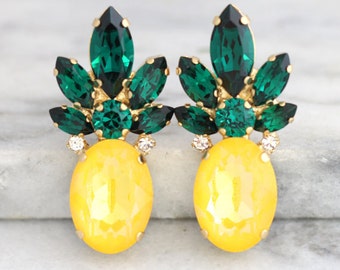 Pineapple Earrings, Pineapple stud Earrings, Pineapple Jewelry, Statement Earrings,Trending Jewelry, Yellow statement Crystal Earrings