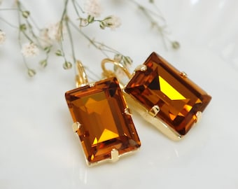 Brincos de gota com cristal âmbar, brincos de gota com cristal mel, brincos de gota laranja queimado, brincos de cristal âmbar escuro, brincos laranja outono