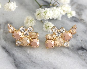 Rose Gold Earrings, Bridal Earrings, Climbing Earrings, Rose Gold Crystal Bridal Earrings, Bridal Rose Gold Studs, Cluster Gold Earrings