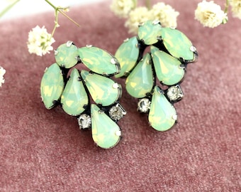 Mint Green Stud Earrings, Mint Opal Earrings, Gift For her, Green Opal Crystal Studs, Mint Cluster Earrings, Bridesmaids Earrings