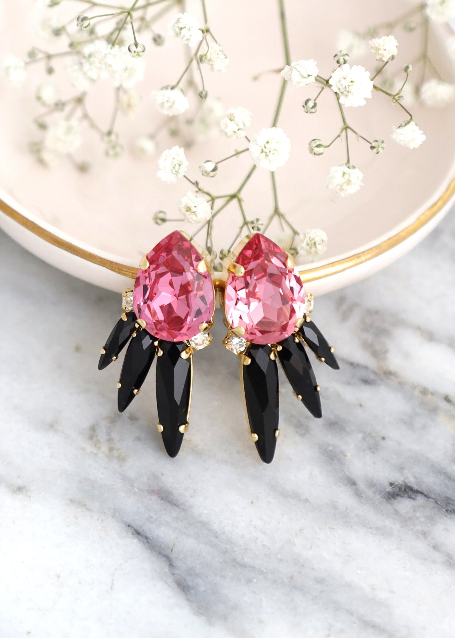 Pink Statement Earrings Pink Blak Crystal Earrings Pink Rose Etsy