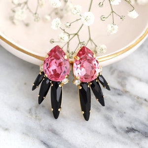 Pink Statement Earrings, Pink Black Crystal Earrings, Pink Rose Crystal Stud Earrings, Black Pink  Statement Crystal Earrings, Pink Earrings