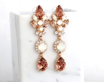 Bridal Blush Chandeliers, Blush Crystal Drop Chandelier, Blush Rose Earrings, Bridal Rose Gold Earrings, Bridal Long Crystal Earrings