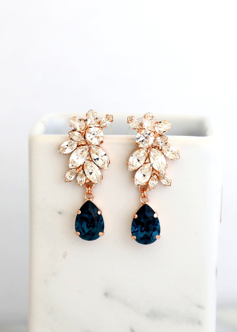 Blue Navy Bridal Earrings, Navy Blue Crystal Bridal Earrings, Dark Blue Sapphire Earrings, Blue Navy Chandelier Earrings, Blue Navy Jewelry image 1