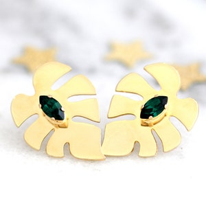 Monstera Leaf Earrings, Palm Leaf Earrings, Leaf Earrings, Emerald Earrings, Bridal Earrings, Gift For Her, Tropical Earrings, Leaf Studs image 3