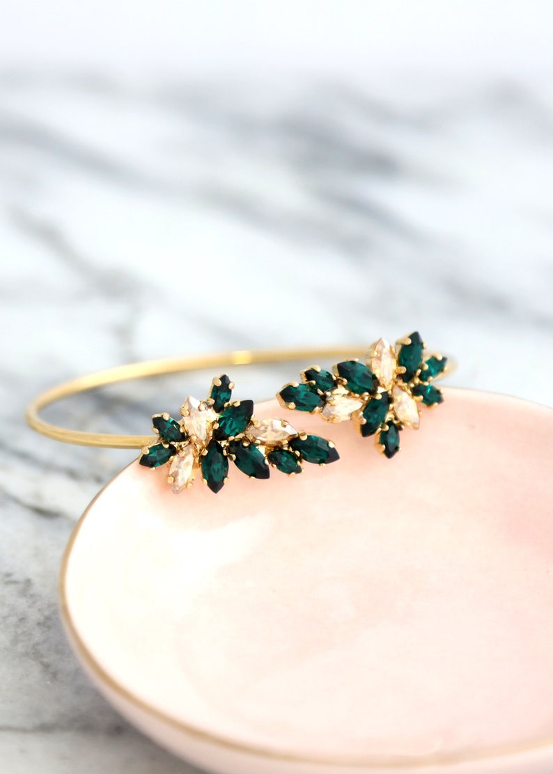 Emerald Gold Bracelet, Emerald Champagne Crystal Bracelet, Bridal Emerald Green Crystal Bracelet, Emerald Cuff Crystal Gold Bracelet. image 5