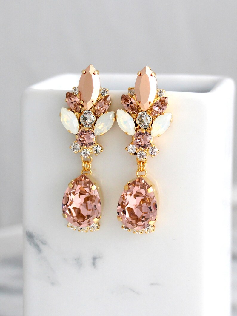 Blush Chandelier Earrings, Bridal Rose Gold Earrings, Bridal Blush Dangle Drop Earrings, Morganite Chandelier Earrings, Statement Earrings 画像 2