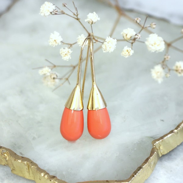 Boucles d'oreilles corail, Boucles d'oreilles corail, Boucles d'oreilles corail en or, Boucles d'oreilles corail vivant, Boucles d'oreilles corail demoiselles d'honneur, Cadeau pour femme, Boucles d'oreilles orange