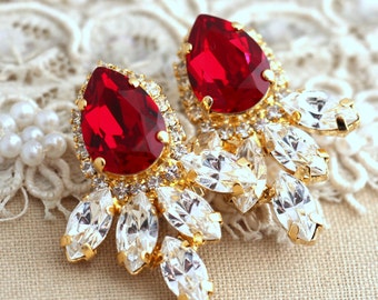 Red Ruby Drop Earrings, Scarlet Red Crystal Cluster Earrings, Dark Red Statement Crystal Earrings, Old Hollywood Style Jewelry, Red Jewelry