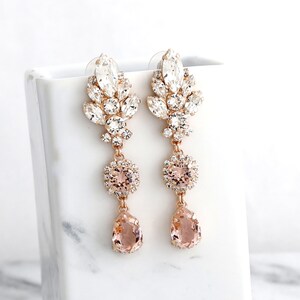 Blush Pink BRIDAL LONG EARRINGS, Bridal Blush Rose Chandeliers, Morganite Crystal Long Chandelier Earrings, Bridal Dusty Rose Earrings image 5