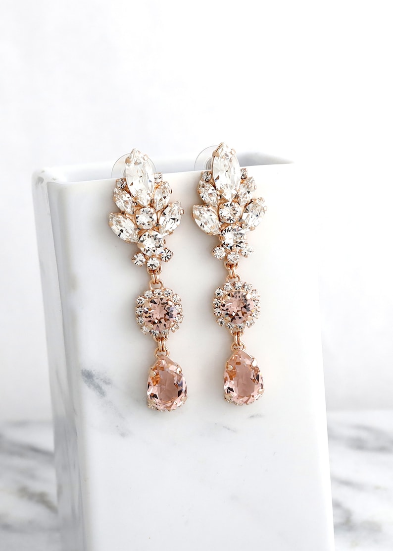 Blush Pink BRIDAL LONG EARRINGS, Bridal Blush Rose Chandeliers, Morganite Crystal Long Chandelier Earrings, Bridal Dusty Rose Earrings image 5