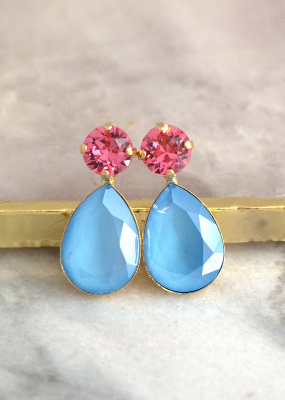 Pink and blue kundan fabric earrings