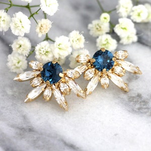 Blue Navy Earrings, Bridal Blue Earrings, Dark Blue Crystal Earrings, Bridal Blue Navy Stud Earrings, Bridesmaids Earrings, Blue Navy Studs