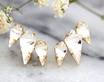 Bridal Crystal Earrings, Bridal Climbing Earrings, Bridal Climber Clear Crystal Cluster Earrings, Bridal Clear Crystal Cluster Earrings.