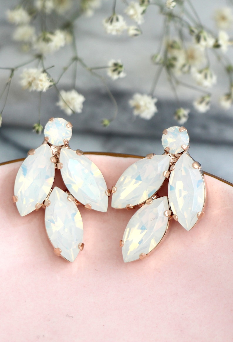 White Opal Crystal Cluster Bridal Clip On Earrings, Bridal Bridesmaid Gift, White Opal Bridal Clip On Earrings, White Opal Crystal Studs image 3