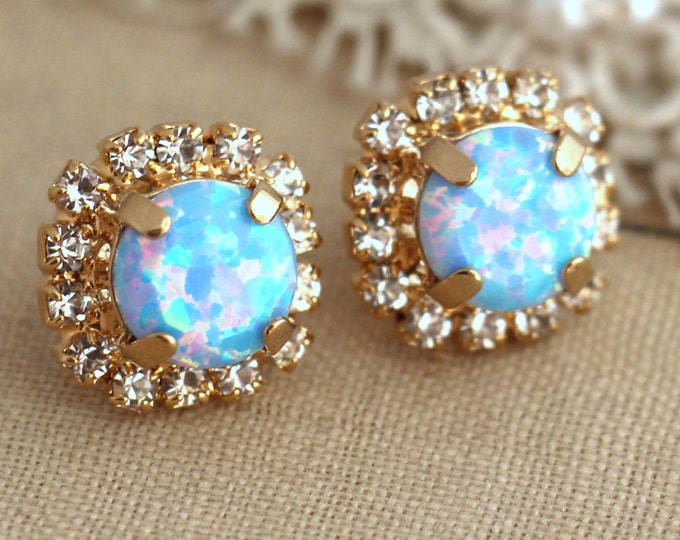 Opal Blue Earrings,sky Blue Opal Stud Earrings, Crystal Swarovski Stud ...
