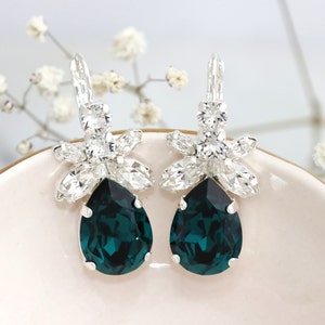 Emerald Green Bridal Earrings, Dark Green Crystal Earrings, Bridal Emerald Earrings, Green Emerald Dangle Earrings, Green Blue Drop Earrings image 4