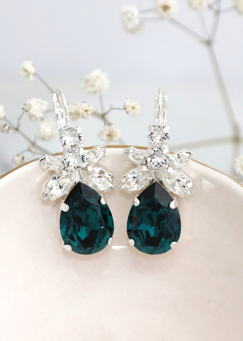 Emerald Green Bridal Earrings, Dark Green Crystal Earrings, Bridal Emerald Earrings, Green Emerald Dangle Earrings, Green Blue Drop Earrings image 4