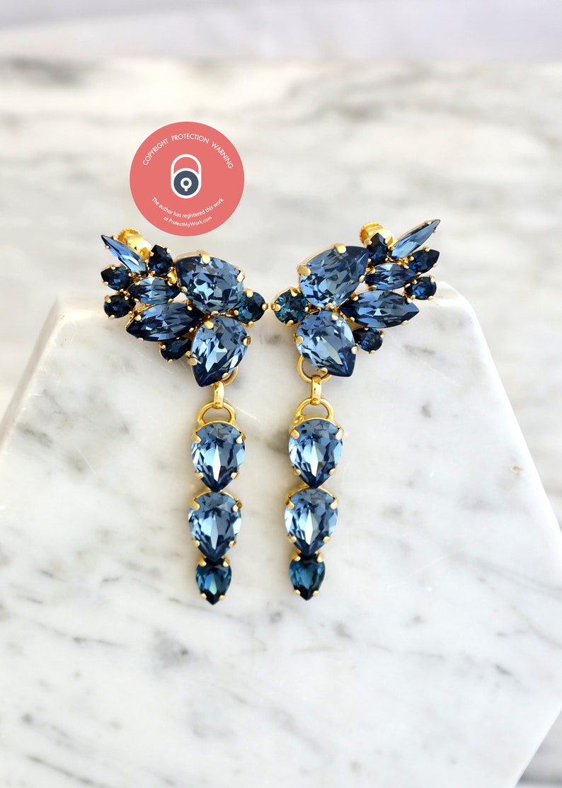 Blue Navy Chandelier Earrings, Blue Navy Climbing Chandelier Earrings, Bridal Dark Blue Earrings, Statement Blue Navy Ear Crawler Earrings image 3