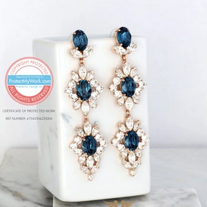 Blue Navy Long Crystals Earrings, Blue Navy Bridal Chandelier Earrings, Navy Blue Statement Bridal Earrings, Sapphire Blue Long Earrings image 4