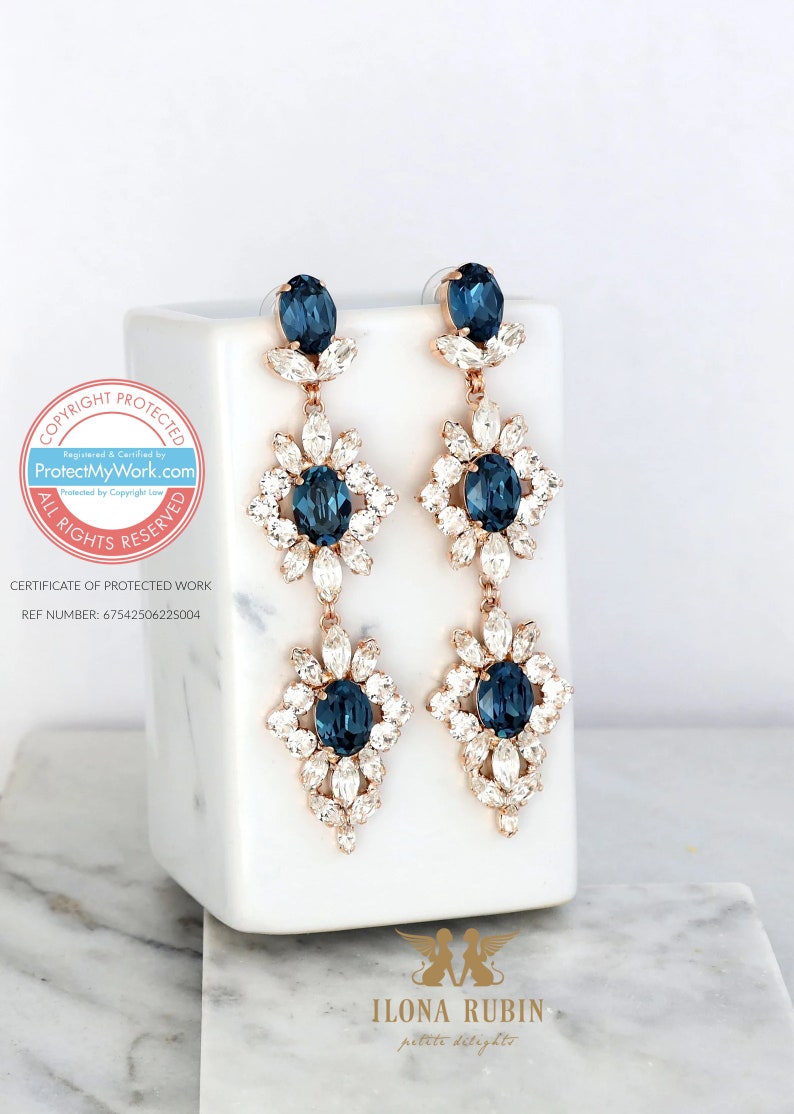 Blue Navy Long Crystals Earrings, Blue Navy Bridal Chandelier Earrings, Navy Blue Statement Bridal Earrings, Sapphire Blue Long Earrings image 4