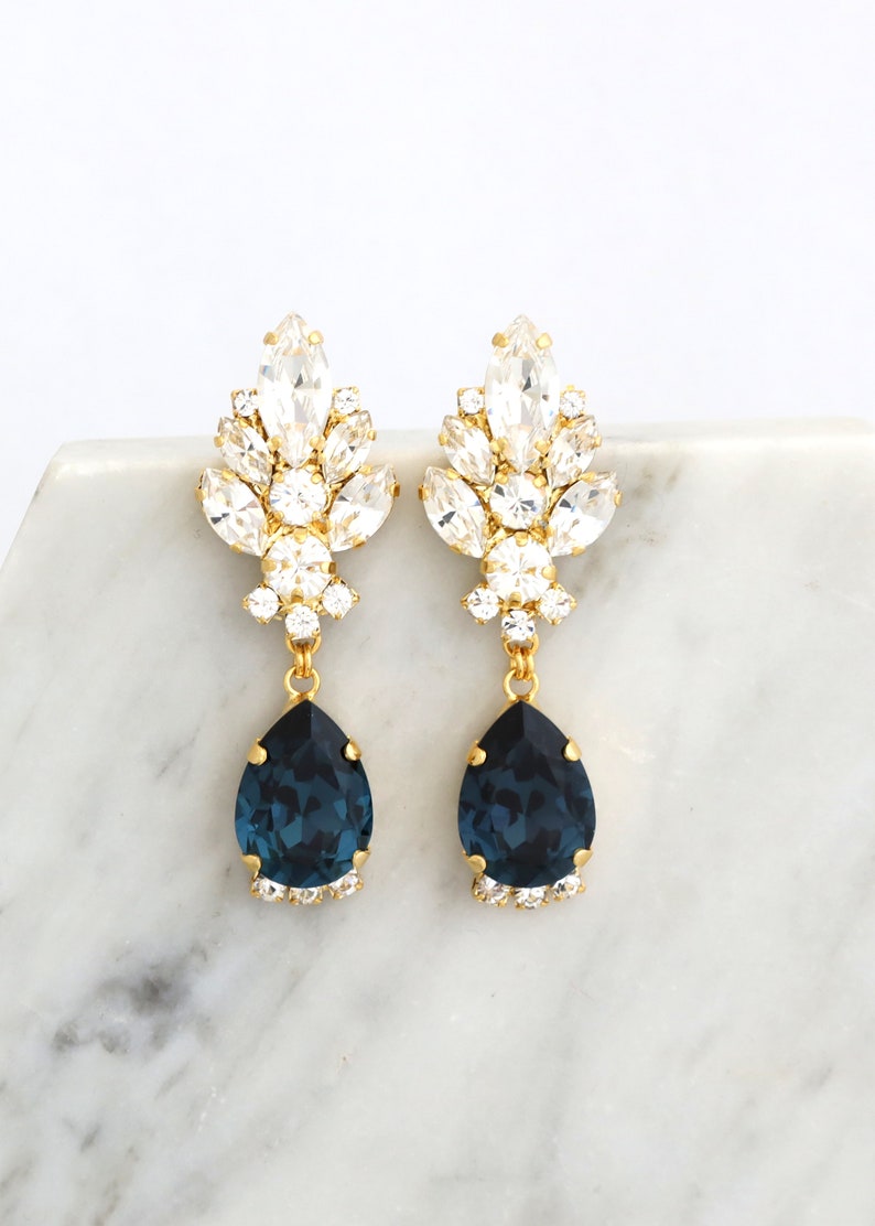 Blue Navy Drop Earrings, Navy Blue Chandelier Earrings, Bridal Blue Navy Chandelier Earrings, Dark Blue Earrings, Old Hollywood Earrings image 4
