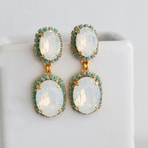 White Opal Earrings, Bridal White Opal Drop Earrings, Bridal Turquoise Chandelier Earrings, Bridal Crystal Earrings, Something Blue image 4