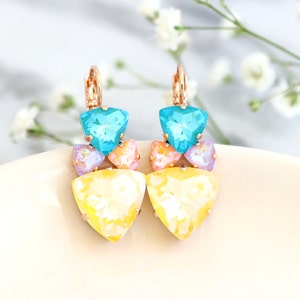 Pastel Color Earrings, Rainbow Crystal Drop Earrings, Spring Pastel Earrings, Colorful Crystal Crystal Earrings, Yellow Blue Earrings