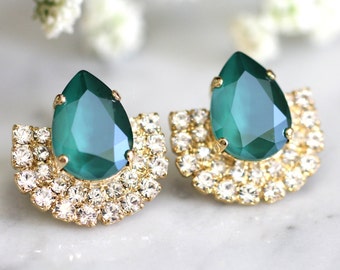 Emerald Green Earrings, Green Crystal Stud Earrings, Emerald Bridal Earrings, Green Crystal Bridal earrings, Gift for woman, Green Earrings