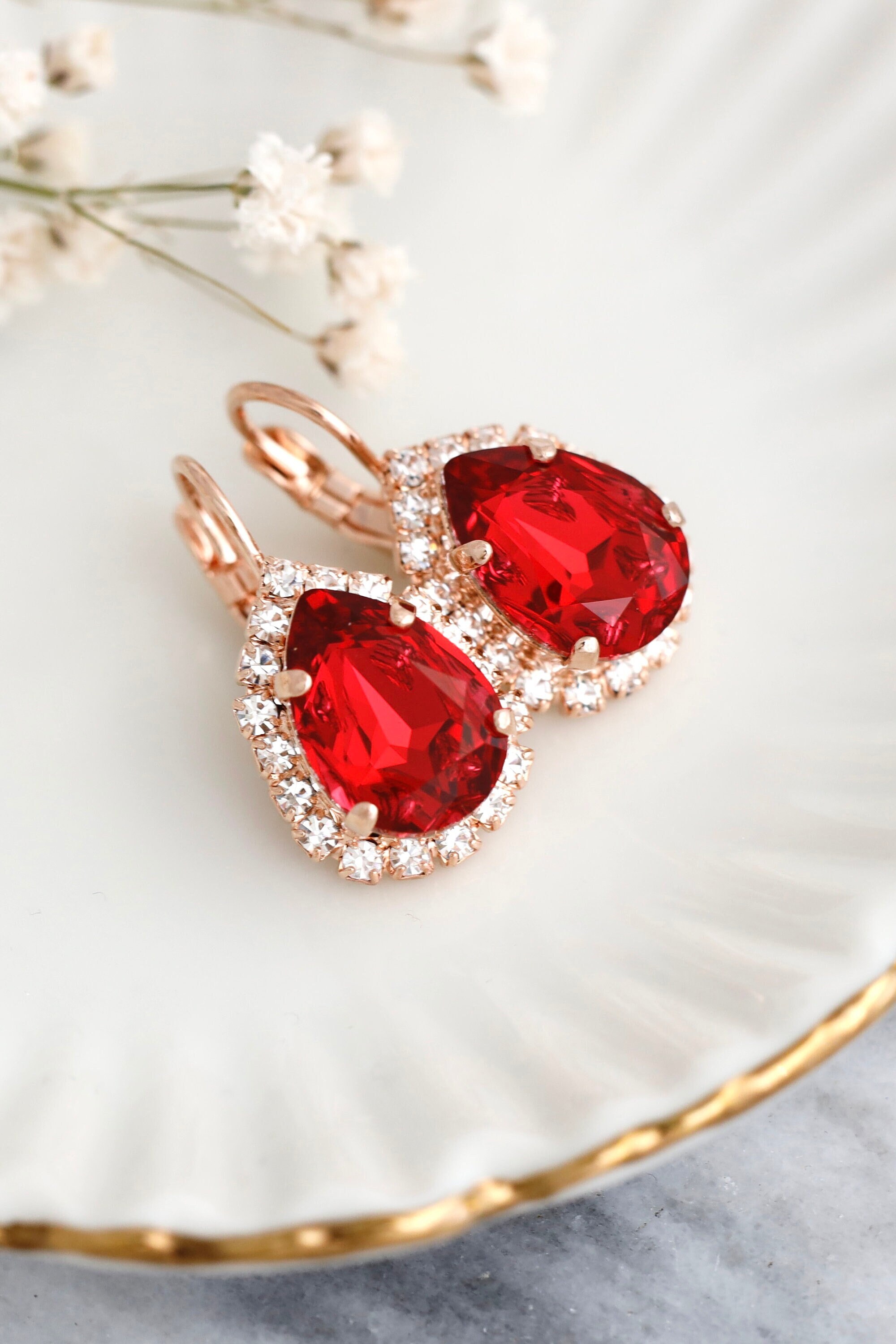 Red Ruby Earrings, Red Crimson Drop Crystal Jewelry, Bridal 