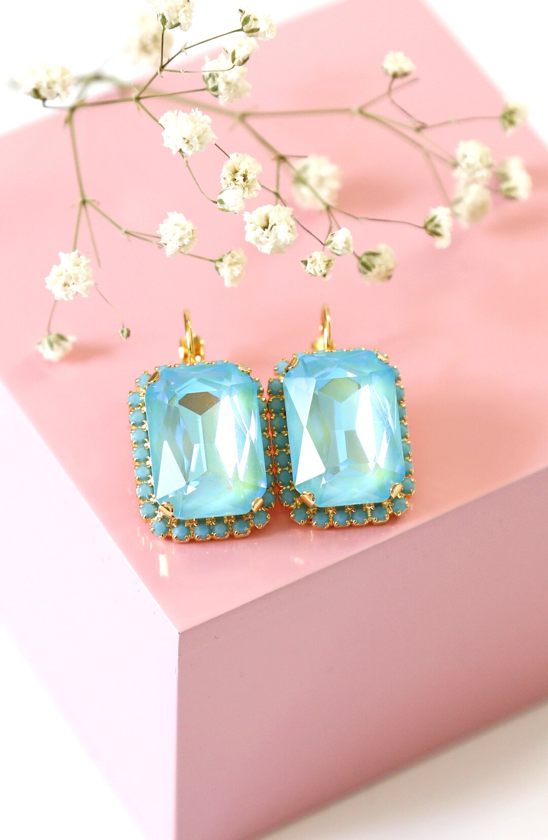 Blue Turquoise Flower Golden Drop Earrings